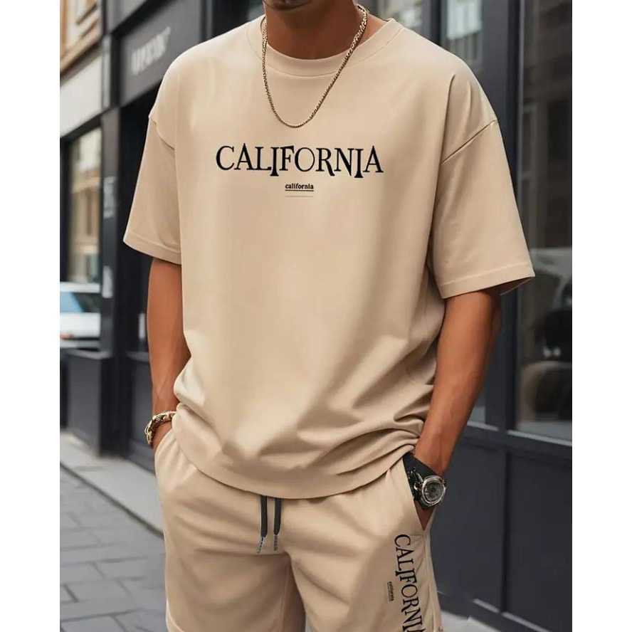 Conjunto Camiseta California 100% Algodão Bermuda de Mole Short com Bolso Masculina Academia Casual Treino