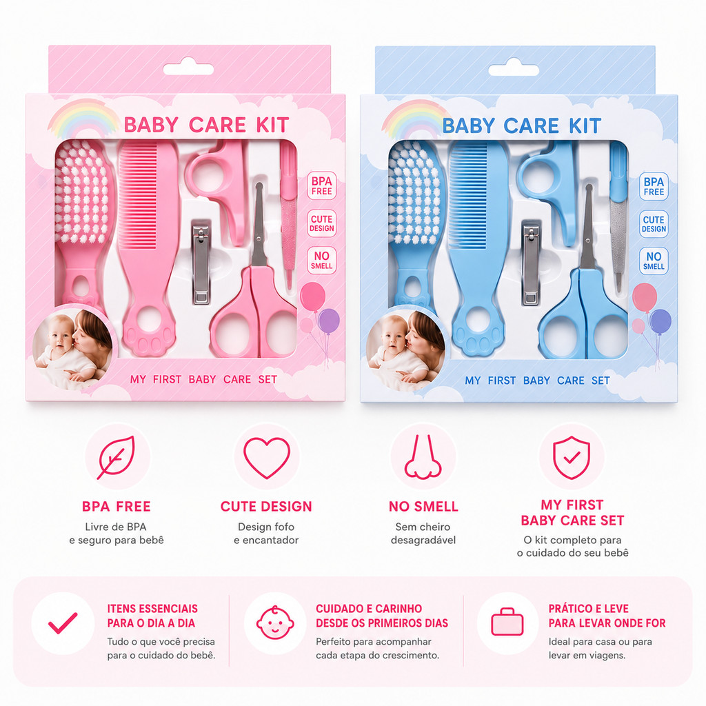 Kit Cuidados Do Bebê 5 Peças Com Escova Pente e Cortador
