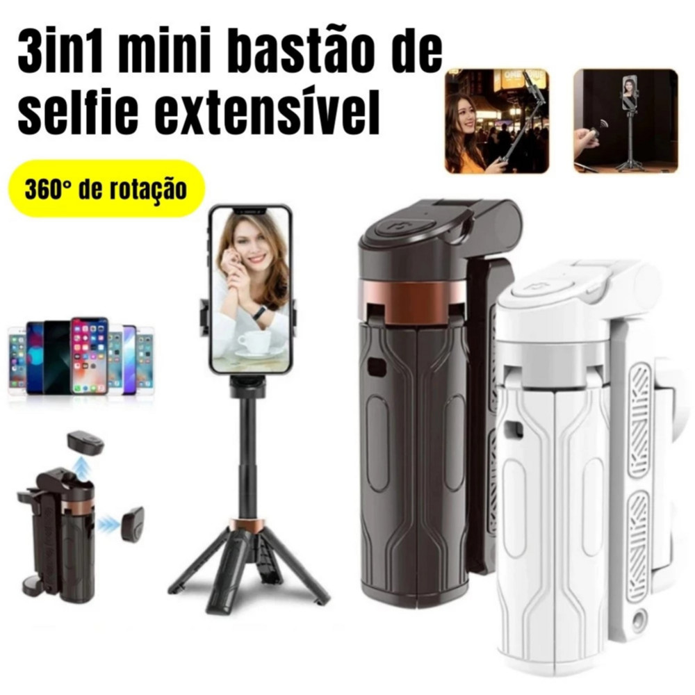 Tripé Bastão Selfie Bluetooth com LED Recarregável Extensível 40cm Controle Remoto Celular