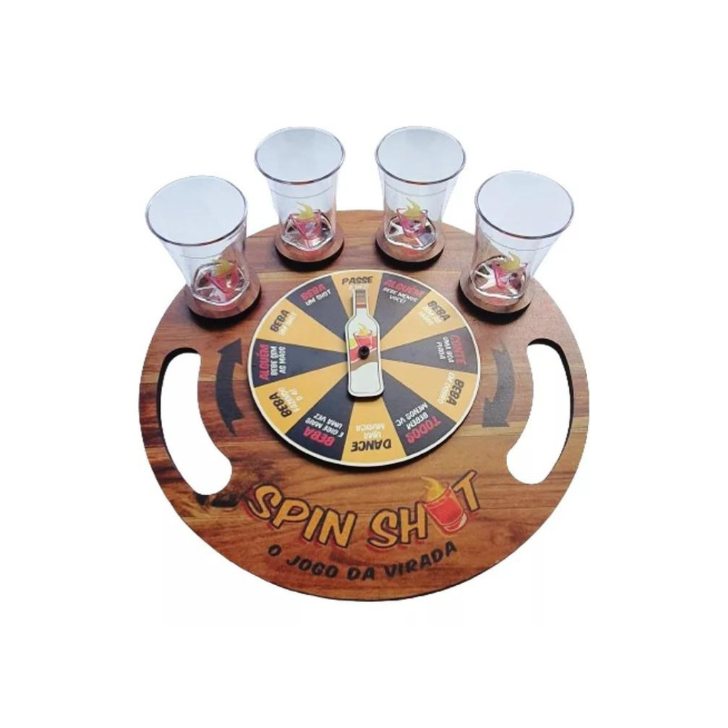 Jogo Roleta Spin Shot Virada de Bebida Drink Tequila Cachaça 4 Copos Grife de Boteco