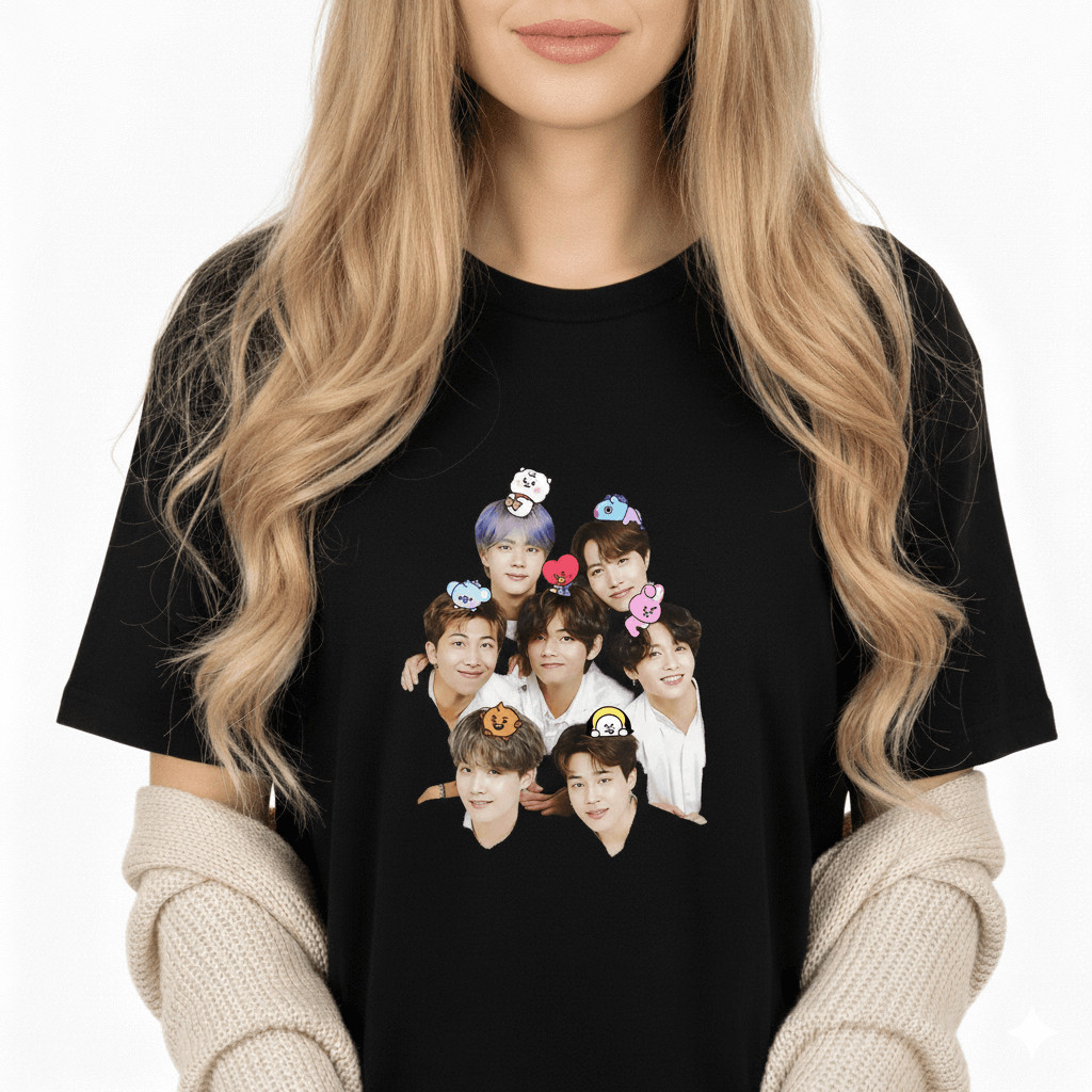 Camiseta Unissex BTS KPop Grupo Retrato BT21 Personagens Estampada Estilosa Confortável Divertida Fã