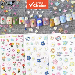 Monja 6 Opções Adesivos 3D para Unhas, Série Flor Relevo, Decalques Adesivos com Padrão de Folha Floral, Coelho e