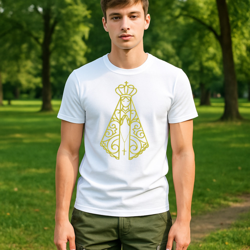 Camisa Masculina Bordada Moda Cristã Nossa Senhora Aparecida