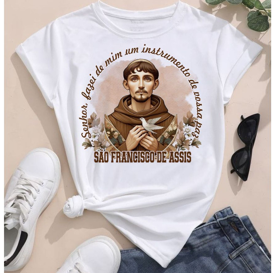Camiseta T shirt São Francisco de assis santo, cristã católica Oração gospel, blusa plus size