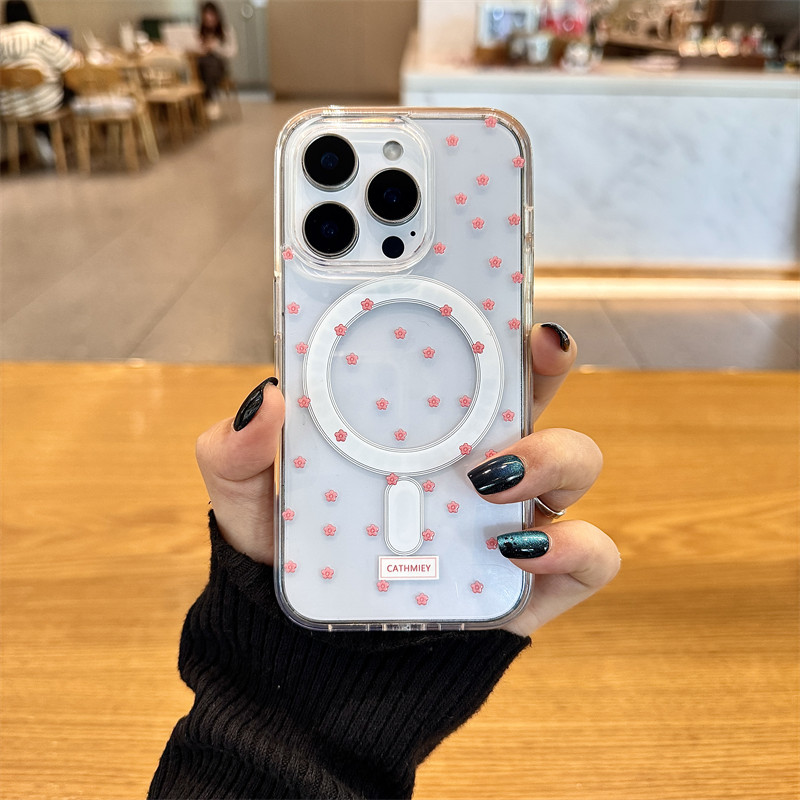 Capa MagSafe Capinha Anti TPU Impacto Transparente Para iPhone XR 11 12 13 14 15 16 17 Pro MAX Flores rosa simples