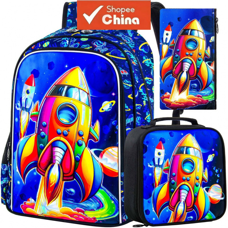 Kit de Mochila Escolar Infantil Rocket à Prova d'Água para Meninos de 5 a 10 Anos, Bolsa Térmica para Almoço, Estojo de