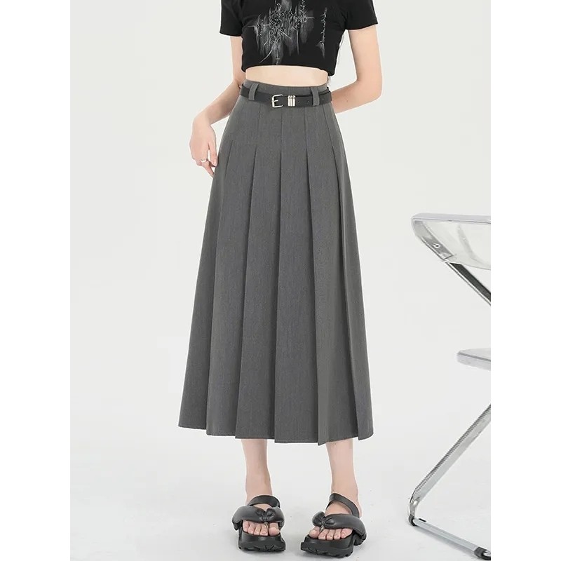 Terno cinza saia plissada feminina primavera verão Design A linha saia de comprimento médio pequeno cara cobrindo virilh