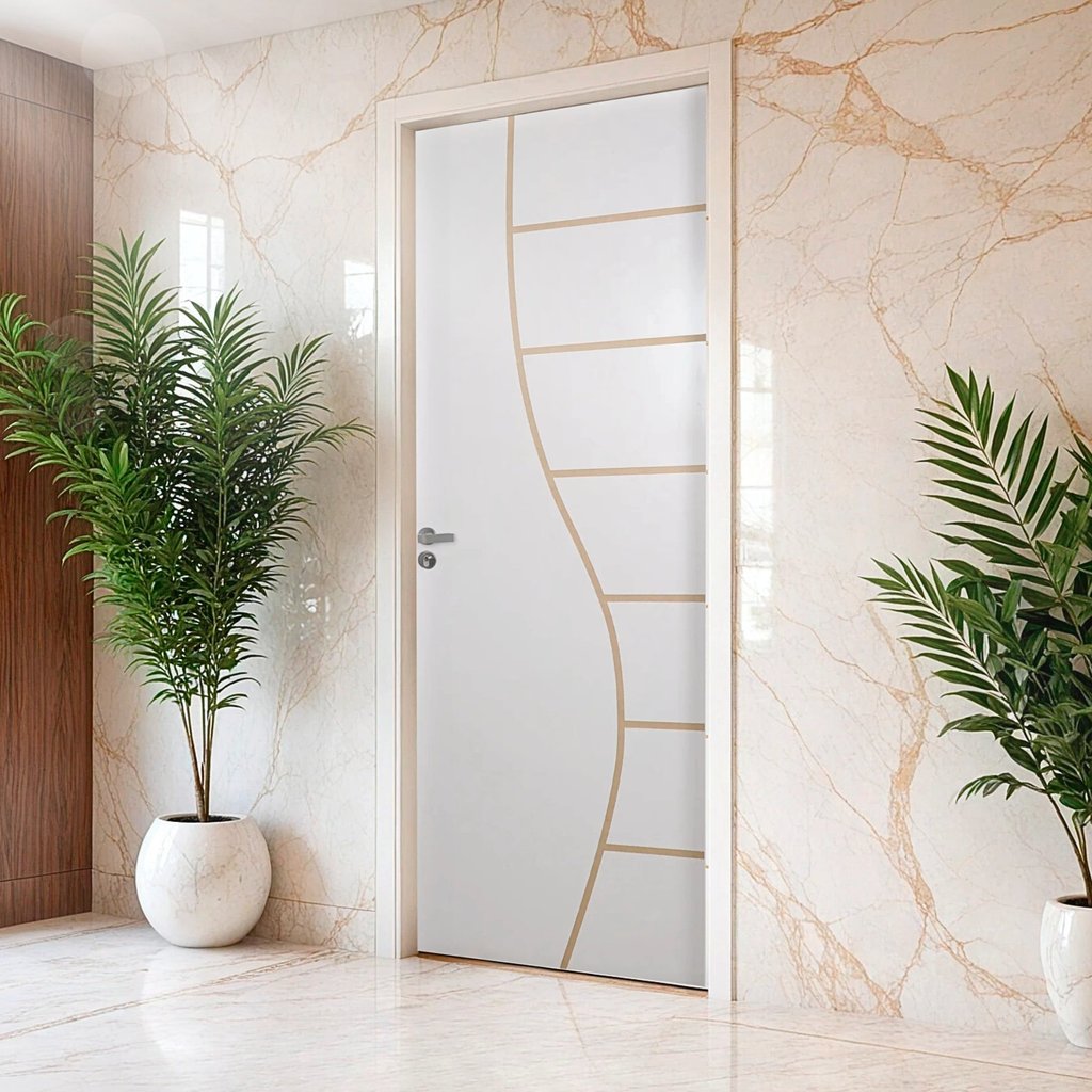 Kit Porta de Madeira Decorada 215x85cm com Batente de Aço 06cm Cantareira MGM Abertura Direita Branco Branco