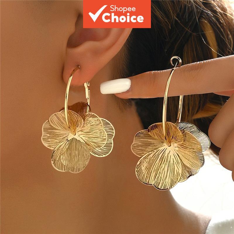 Brincos De Argola Com Flor Dourada , Luxo , Leve , Moderno , Estilo Doce , Acessório De Moda