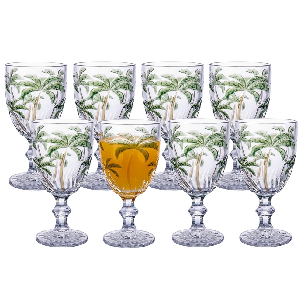 Jogo 8 Taça de Coqueiro Palm Tree Vidro Transparente com Desenho Palmeira Class Home 300ml