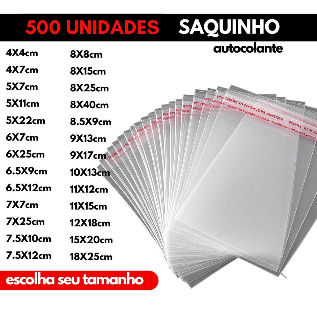 Kit 500 Saquinho Adesivo Transparente Autocolante Embalagem Resistente Semijoias Roupas Papelaria