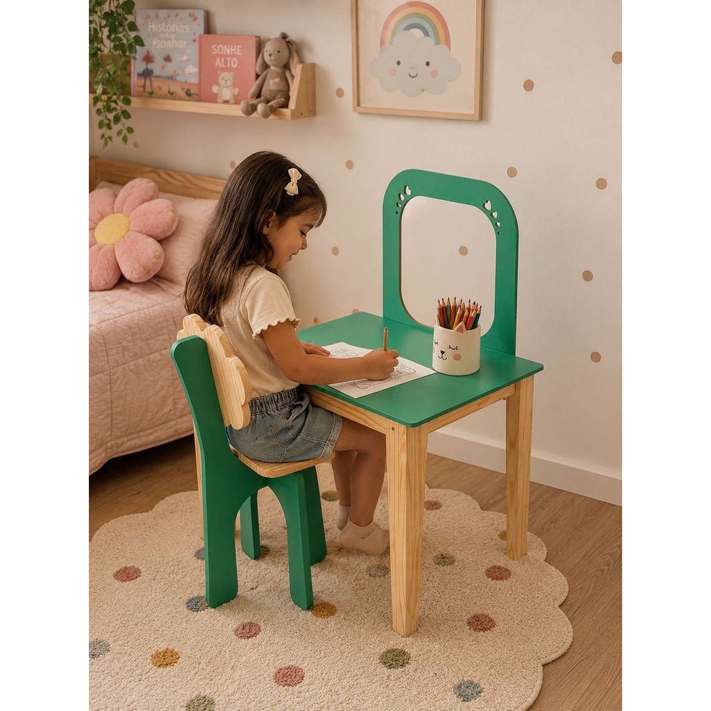 Mesinha Infantil Madeira Pinus e MDF Pintado Com Cadeira E Bau Organizador Mesa Didática Educativa Montessori Oferta