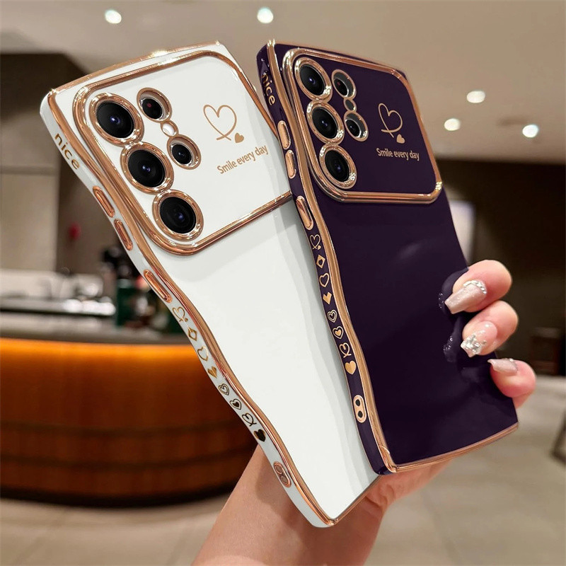 Onda Chapeamento Caso Macio Para Samsung Galaxy S26 S25 S24 Ultra Plus S23 FE Lado Amor Coração À Prova De Choque Capa D