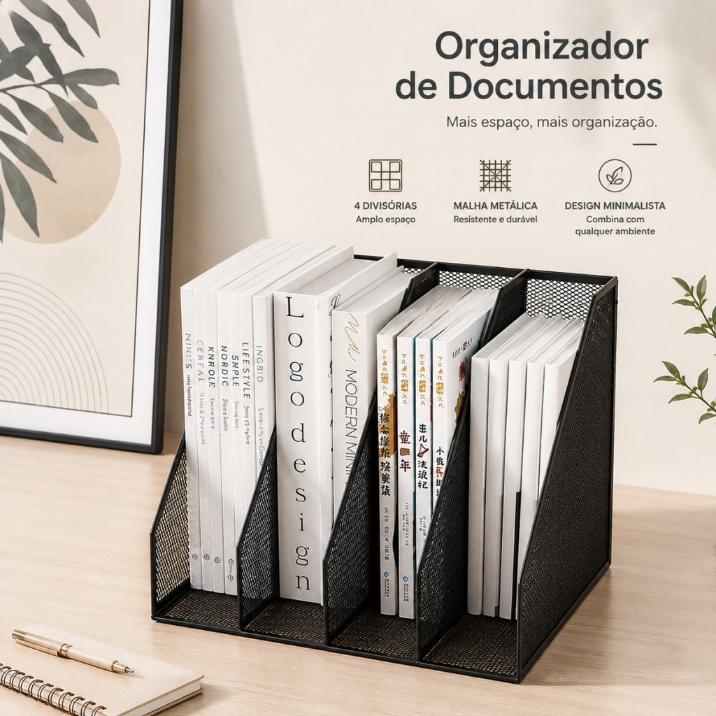 Organizador de Mesa Multifuncional em Metal para Armazenamento de Livros, Arquivos, Pastas e Materiais de Escritório
