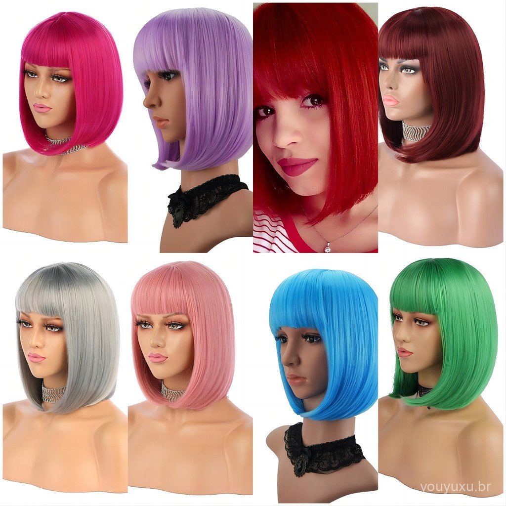 Perucas de estilo europeu e americano com franja, corte bob, estilo estudantil, cabelo curto, perucas coloridas de anime