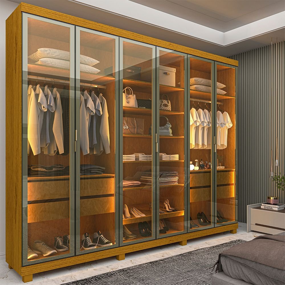 Guarda-roupa Casal 6 Portas com 6 Portas Reflecta com Pés com Led Imperatriz 100% MDF Yescasa Naturale