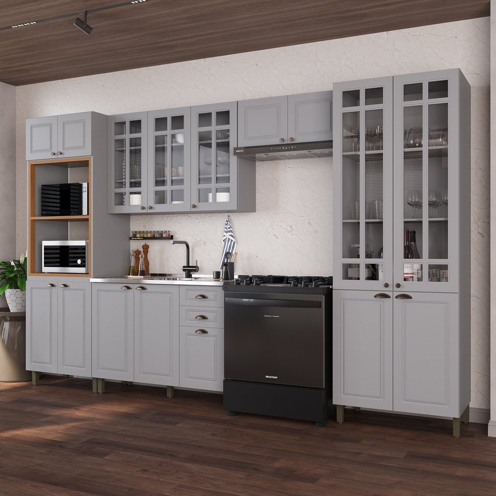 Cozinha Modulada 5 Peças Torre Quente Cristaleira Balcão sem Tampo e 2 Aéreos 100% MDF com Vidro Bari Cinza/Titanio