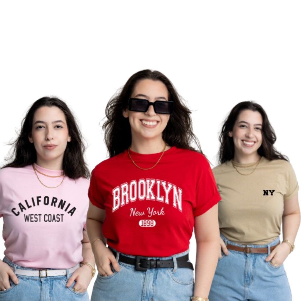 Kit 3 T-Shirt Feminina Camisetas California Brooklyn Estilo Americana Estampadas 100% Algodão 
