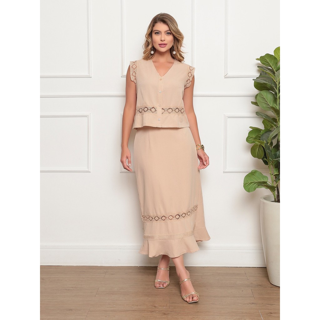 DUOUNO MODAS - CONJUNTO FEMININO REGATA COM DETALHES TRANSPARENTES E SAIA LONGA FORRADA NO TECIDO em Oferta na Shopee