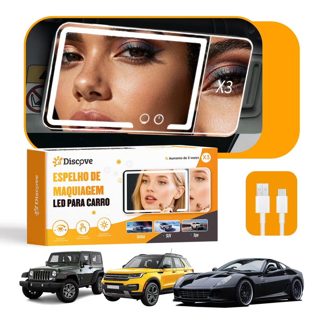 Espelho de Carro para Maquiagem 3 Modos de Luz 3x Zoom Recarregável Brilho Ajustável Universal em Oferta na Shopee