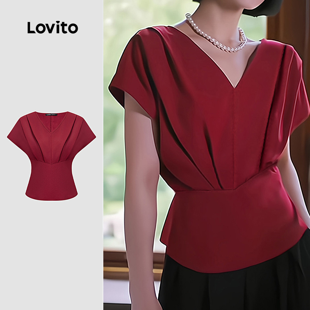 Lovito Blusa Elegante De Festa Vermelha Plissada Assimétrica Blusa Bordô Para Primavera/verão Feminina L166AD163 em Oferta na Shopee