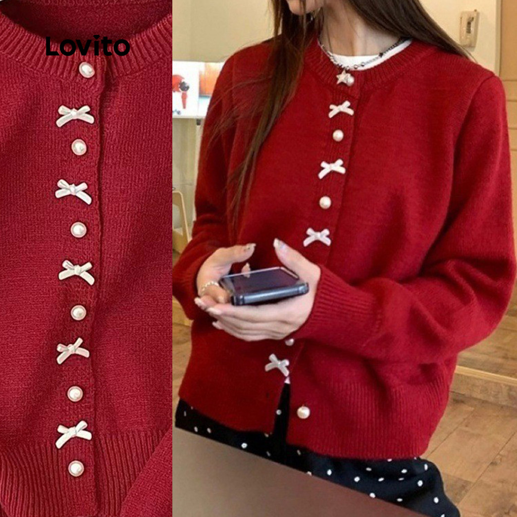 Lovito Cardigãs Fofos Com Laço Para Festa Casuais Outono/inverno Vermelhos Para Mulheres LNA126019 em Oferta na Shopee