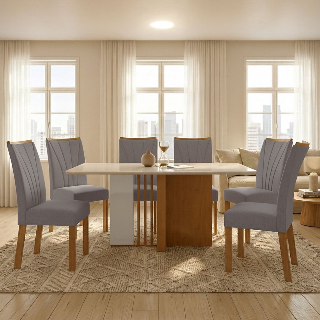 Conjunto Sala de Jantar 6 Lugares Retangular Tampo Vidro/MDF Mesa Astrid com Cadeiras Apogeu  Amêndoa Clean/Off