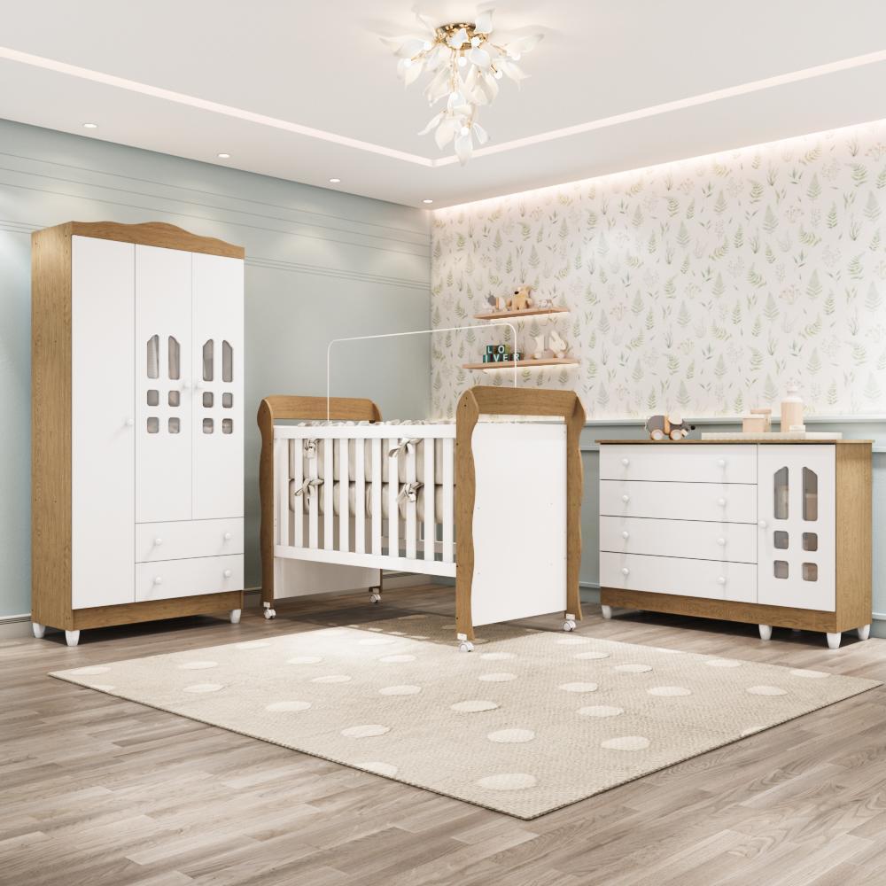 Quarto Bebê Completo Berço Americano 3Em1 Mirelle Guarda Roupa 3 Portas Cômoda Infantil 100% MDF