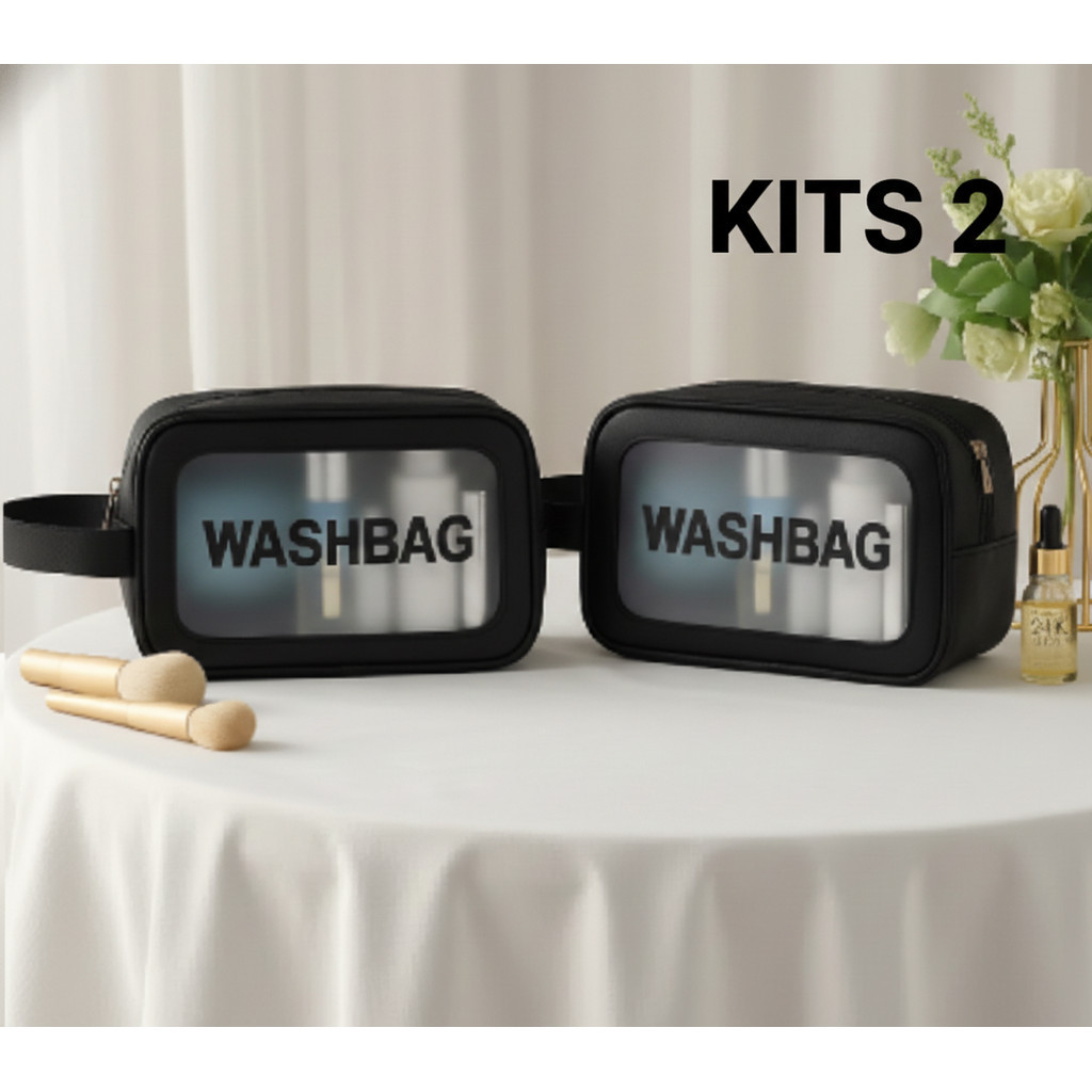 Imagem Kit 2 Necessaires Transparentes PVC Impermeáveis – Washbag Organizadora para Maquiagem, Viagem e Higiene