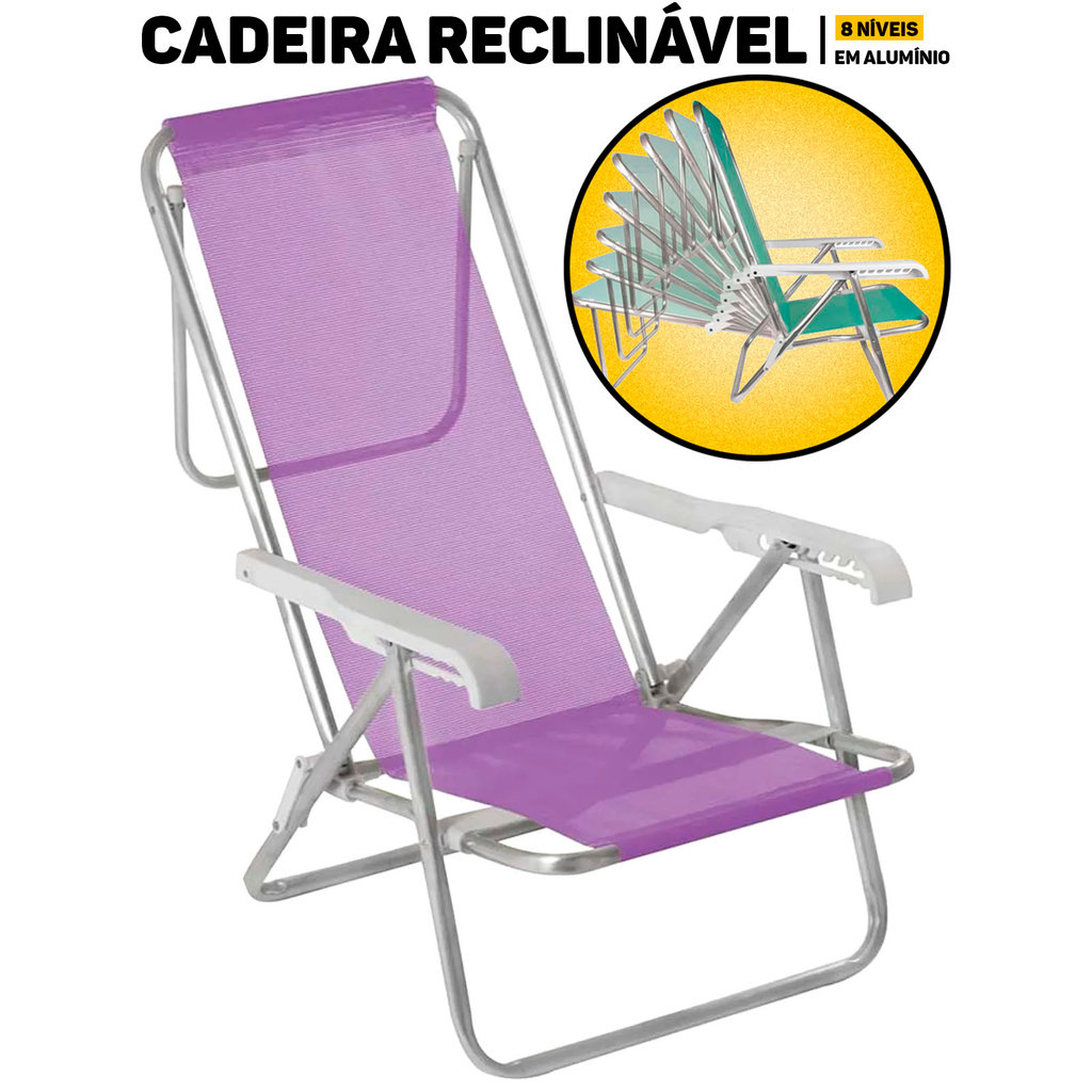 Cadeira De Praia Reclinável 8 Posições Alumínio Mor Sol Campo Piscina Camping Pesca Lazer