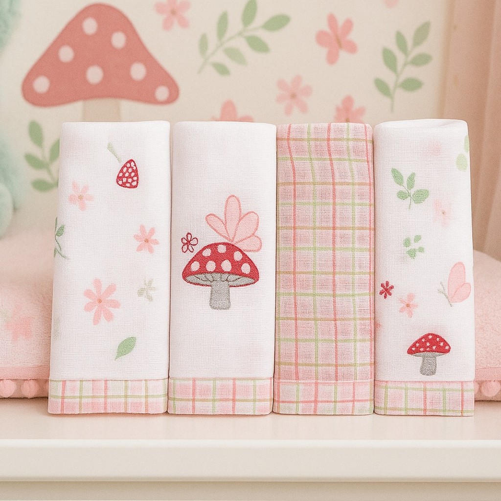 Pano de Boca Dengo Soft Bordado Estampa Cogumelo 04 Peças em Oferta na Shopee