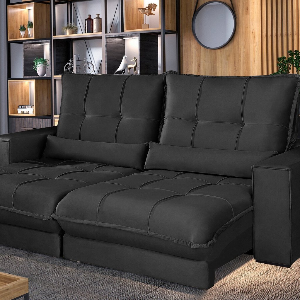 Sofá Retrátil e Reclinável Thor - Molas Ensacadas 290 Cm – Veludo Preto
