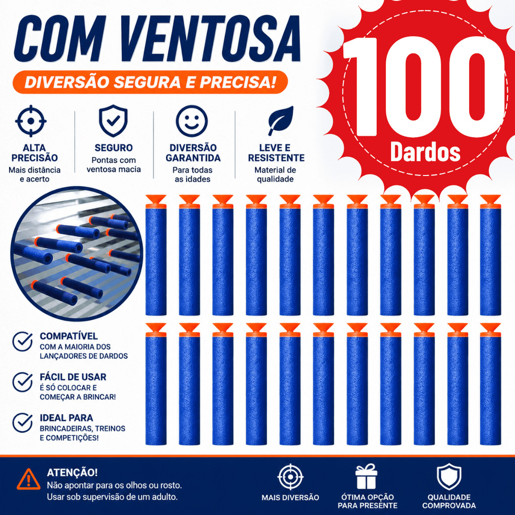 Kit 100  Refil de Dardos Com Ventosa Espuma Munição Recarga Refil Gruda Cola Vidro Nerf Balas Lançador