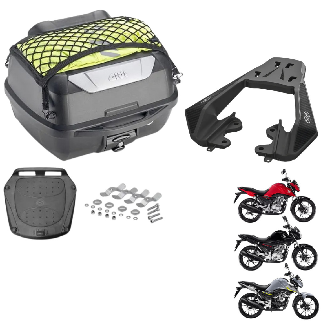 Kit Bau De Moto Givi 43L Adventure E Bagageiro Suporte Scam Fiberforce Honda CG 160 2025 2026 Bauleto Top Case