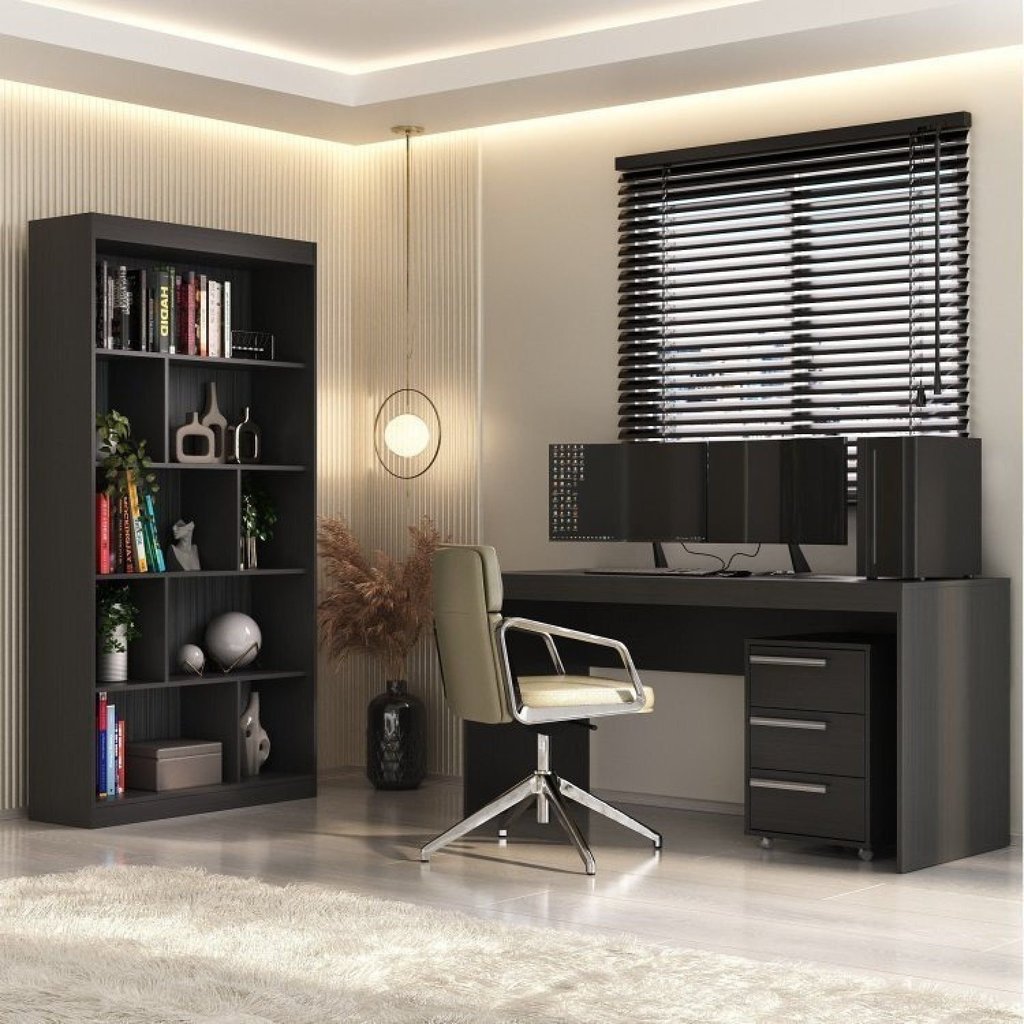 Conjunto 3 Peças Escrivaninha 150cm com Gaveteiro e Estante Espresso Móveis Ônix Tx Preto Ônix Tx