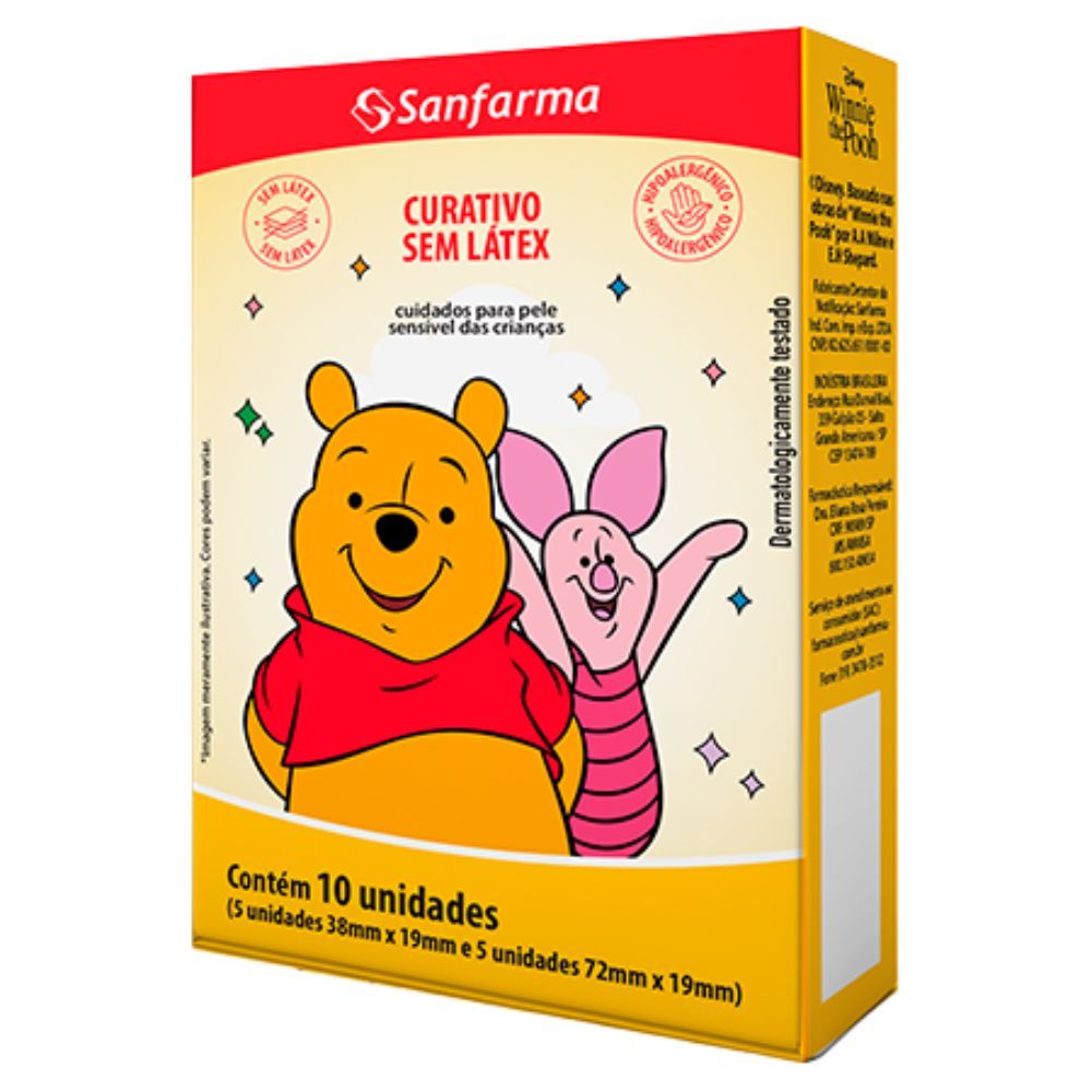 Kit 10 curativos infantis Pooh sem látex, proteção suave para machucados e quedas.