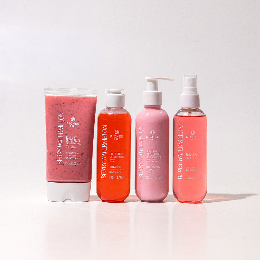 Kit Esfoliante, Gel de Banho, Hidratante e Body Splash Morango e Melancia
