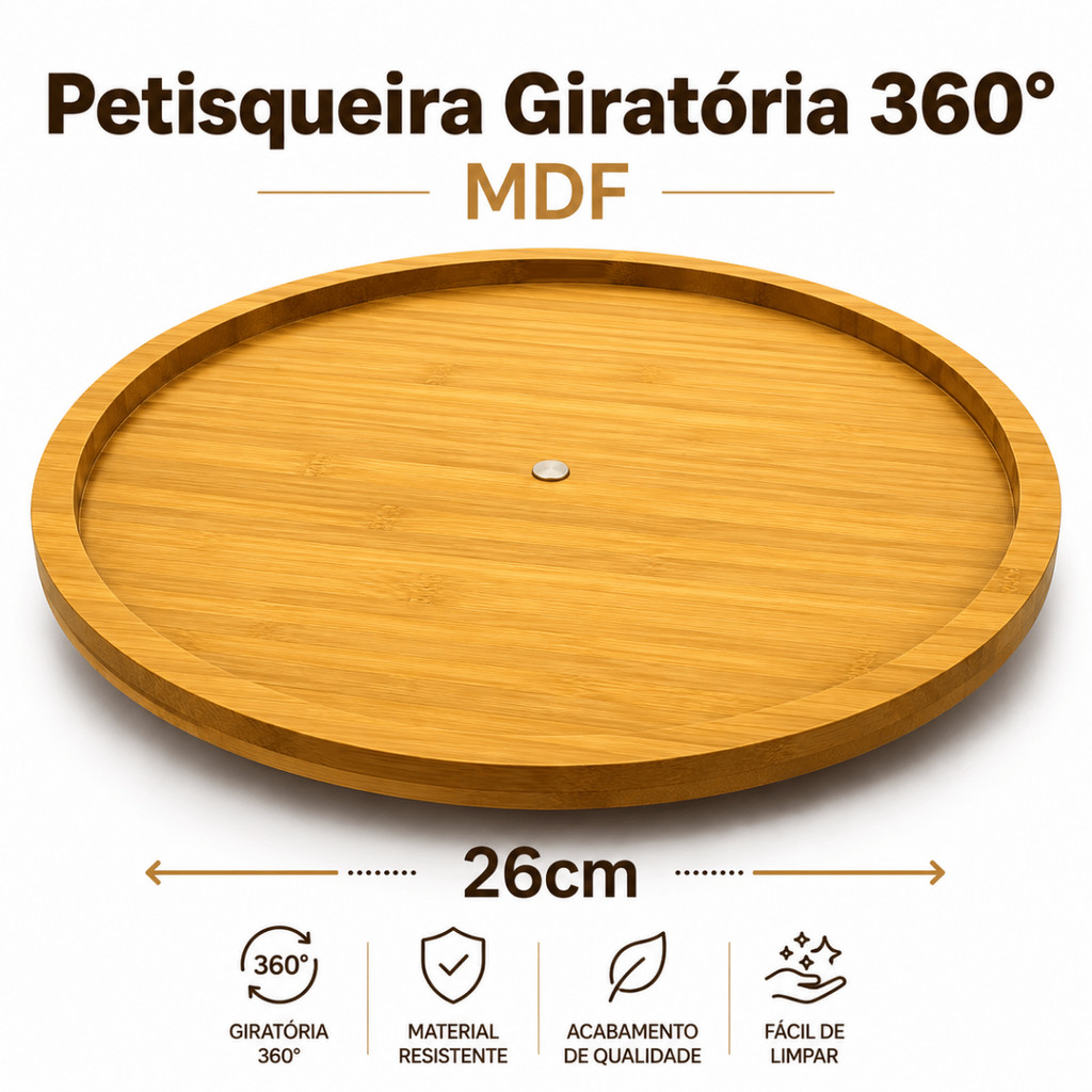 Tabua Petisqueira Com Base Giratória 360° Bandeja de Frios Petiscos Café Redonda Decoração Cozinha Mesa Posta Bambu MDF