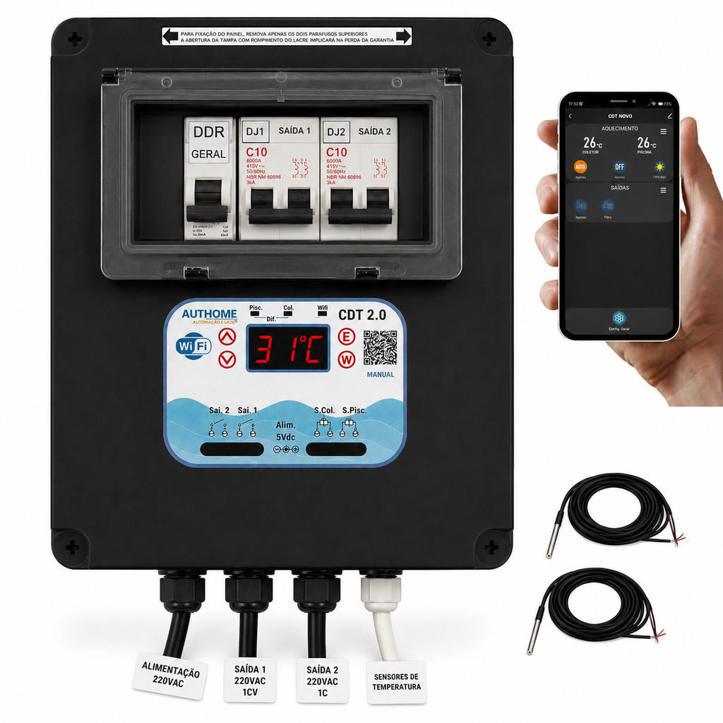 Painel Controlador Temperatura Piscina Wifi 220V IP65 Hidromassagem Cascata Bombas 1CV Alexa Google
