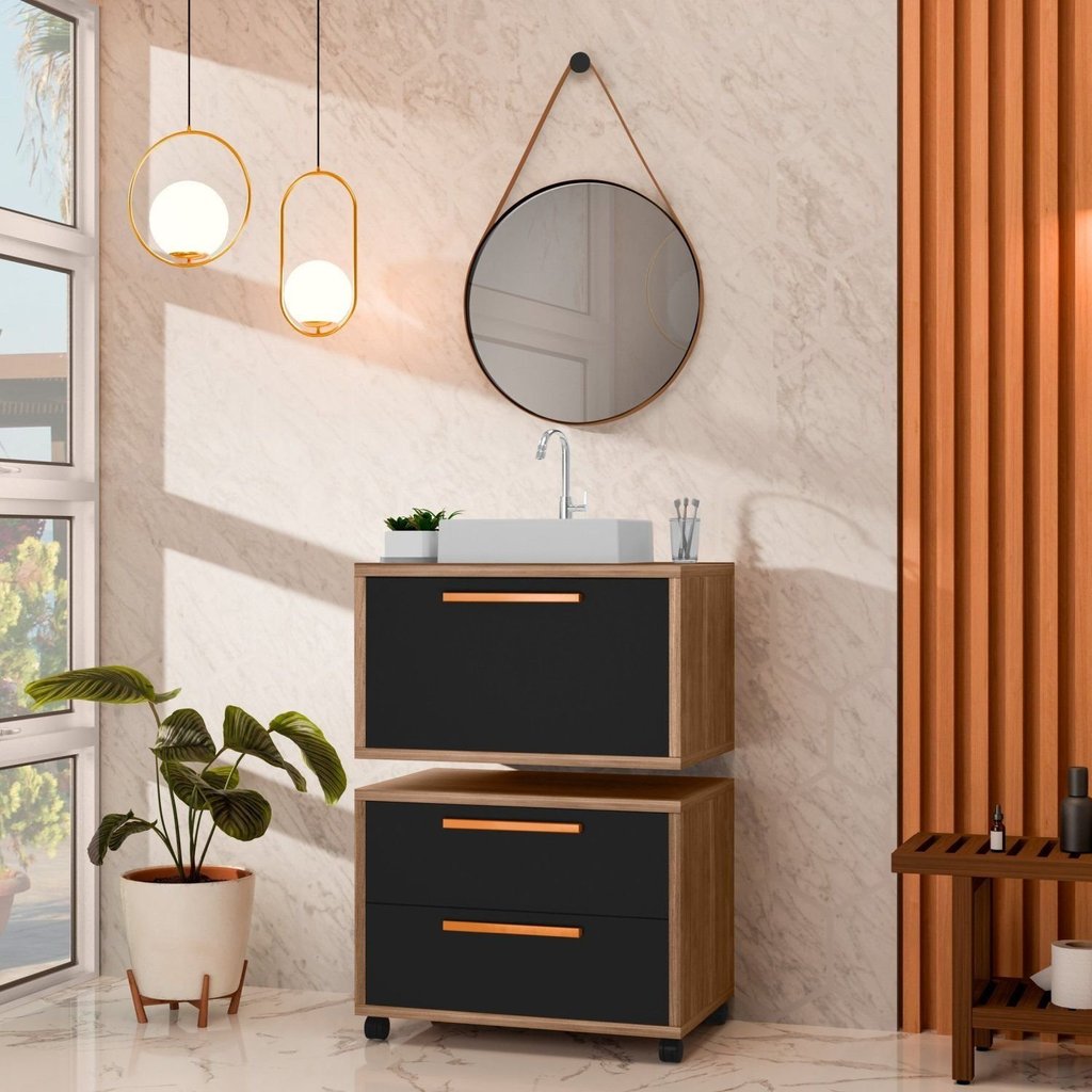 Conjunto Gabinete para Banheiro com Rodizio, com Cuba de Sobrepor e Espelho Kyoto 60cm Avelato/preto Avelato/Preto