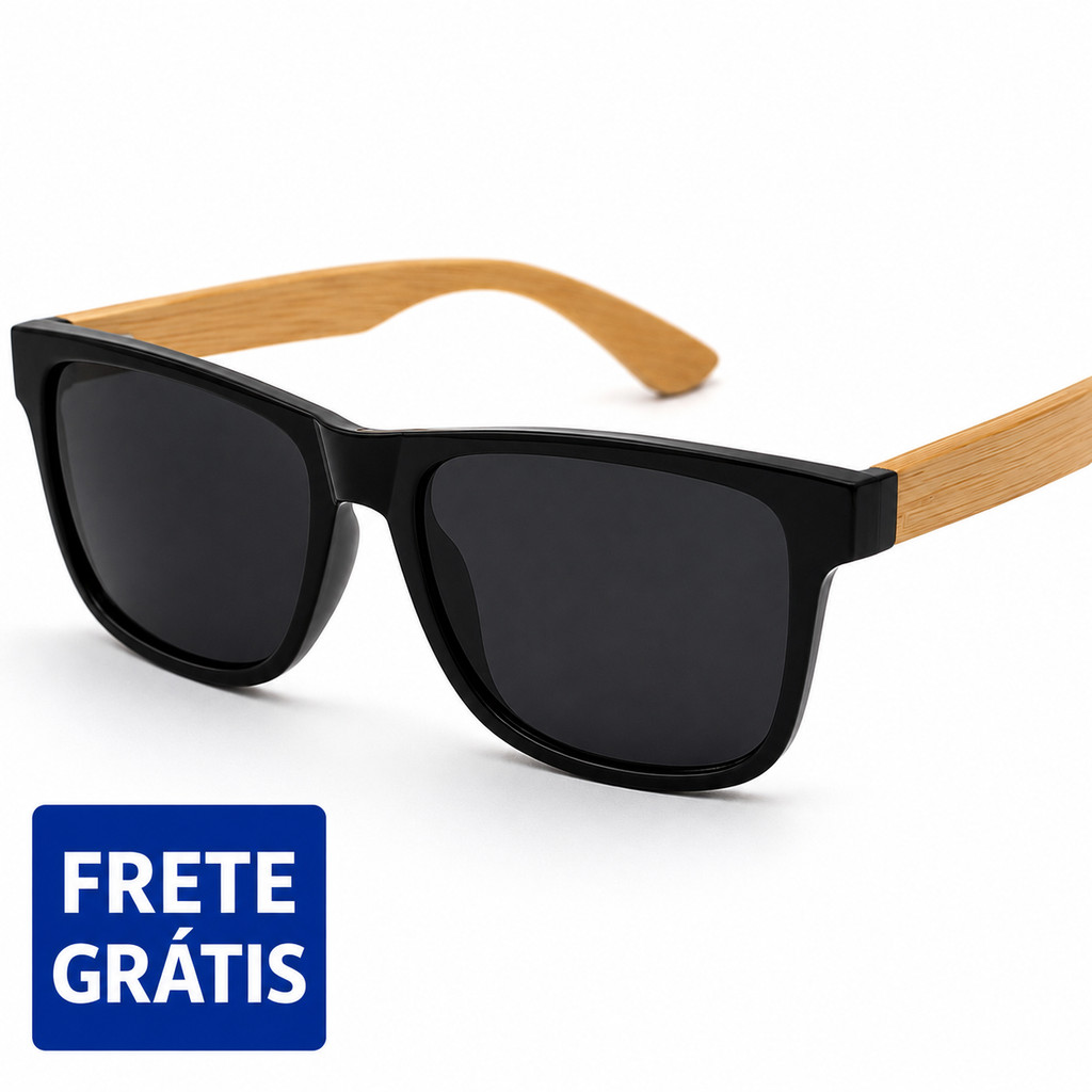 Óculos de Sol Masculino e Feminino Retrô Quadrado Polarizado UV400 Estilo Vintage Haste Bambu