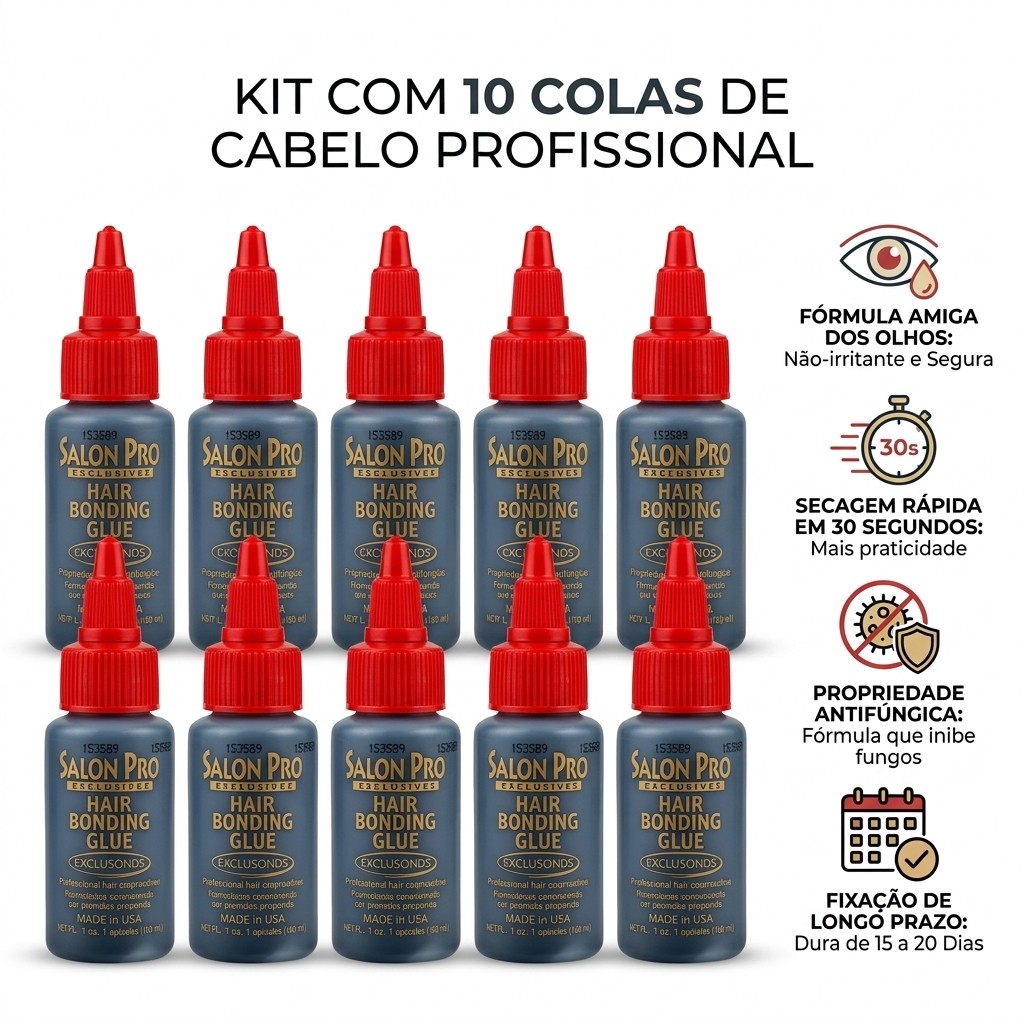 Atacado Kit 10 Cola Salon Pro 30ml Extensão Cílios Tufinho Fórmula Suave Não Arde Olhos Fixação Forte 15-20 Dias