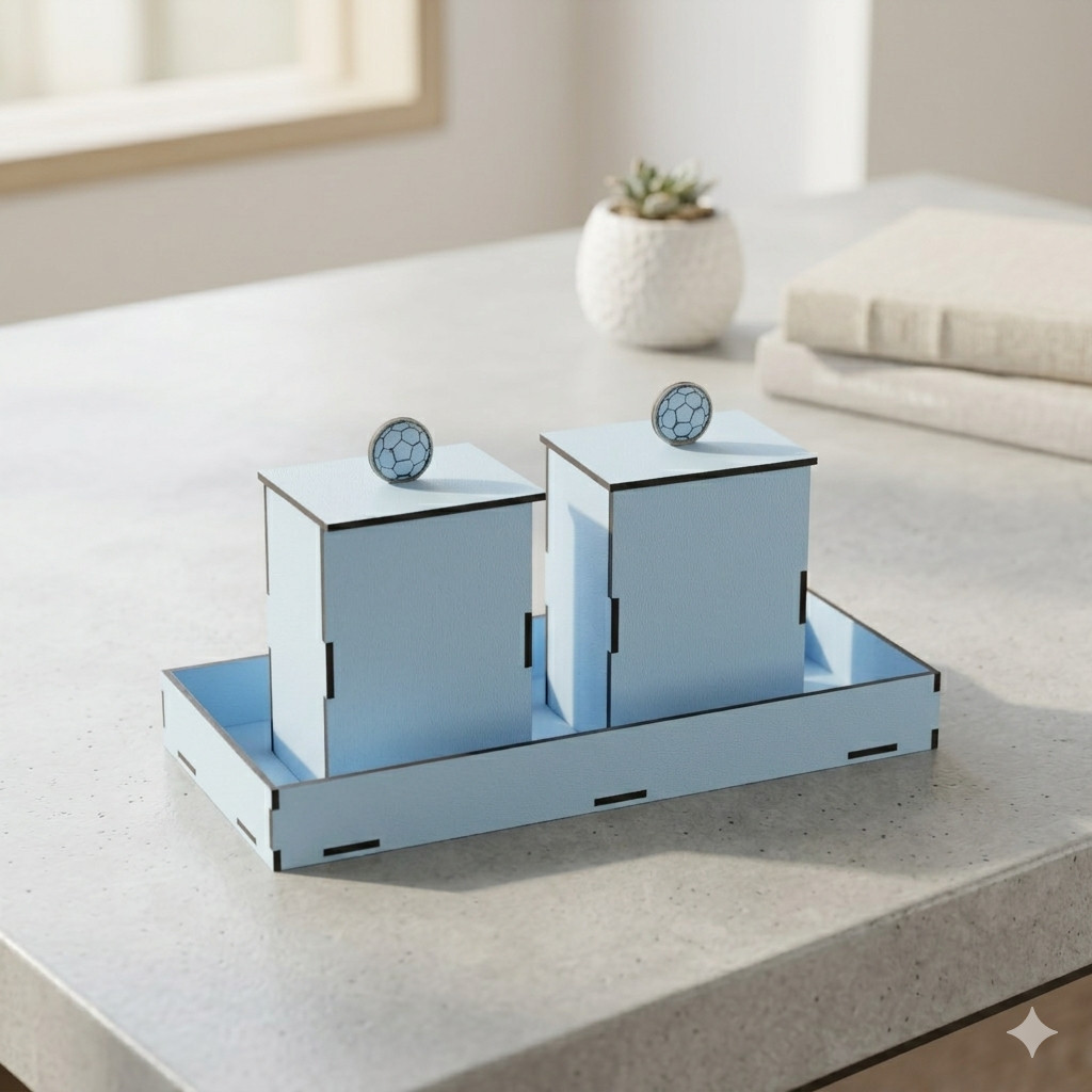 Kit Higiene Bebê MDF 3 Peças Azul Bandeja e Potes Decorativos Quarto Bebê Organização Fraldas Porta Algodão Desmontado