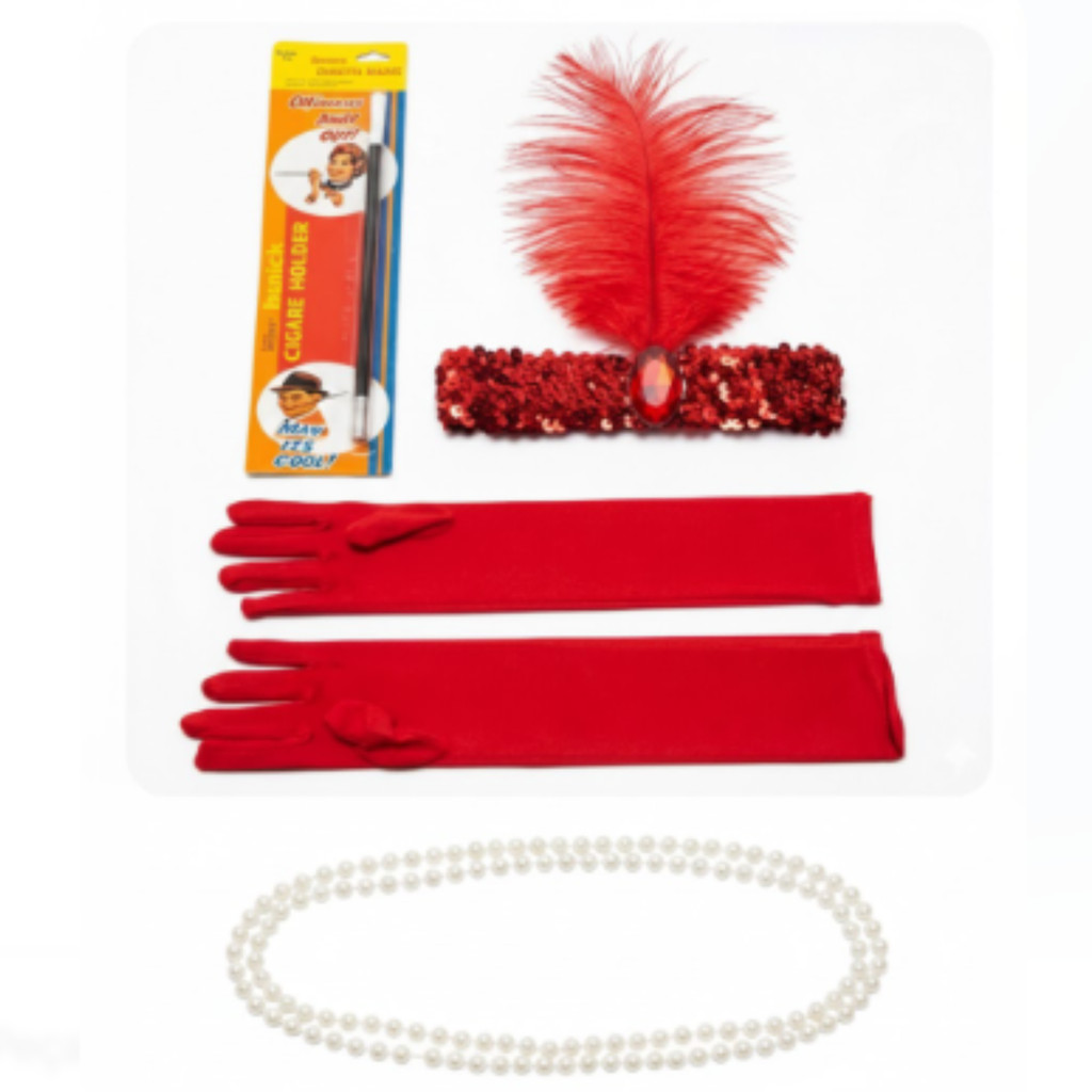 Kit Melindrosa Bronze com Piteira, Colar, Luva e Tiara -  Vermelho
