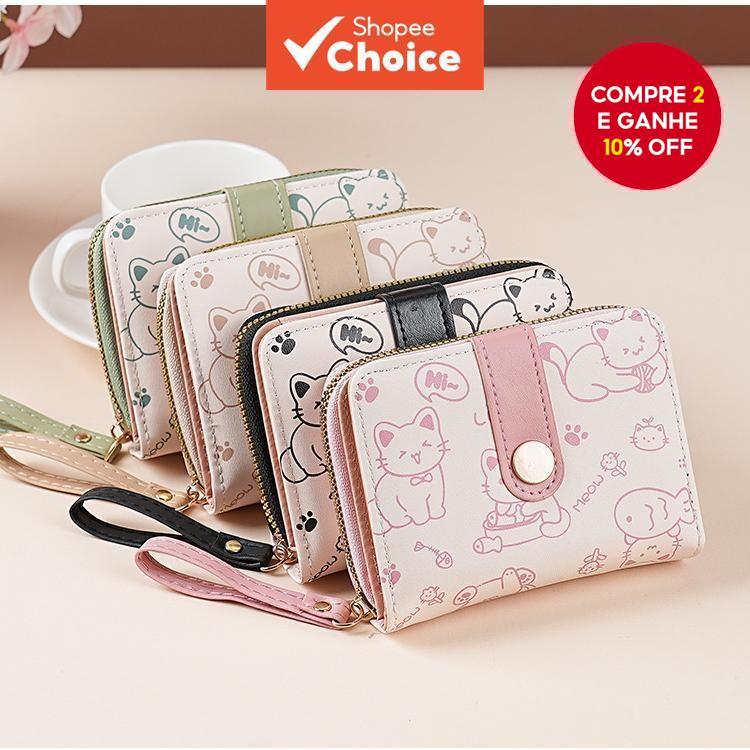 Carteira de Gato Fofo em Estilo de Cartum, Carteira de Zíper Grande com Capacidade Dobrável