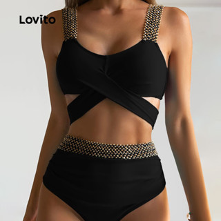 Lovito Conjuntos de Biquíni Boho com Recortes para Primavera/verão Biquíni Preto para Mulheres LNL126259 em Oferta na Shopee