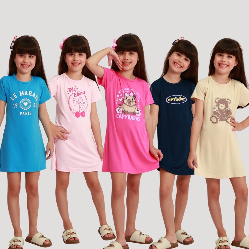 Kit 5 Vestidos Infantis Menina Estampado Manga Curta Verão ENVIO CORES E ESTAMPA SORTIDAS