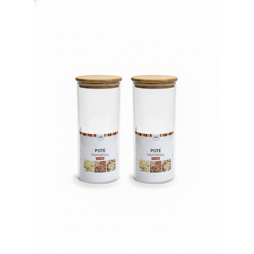 Kit 2 Potes Herméticos Vidro Tampa Bambu Casita 1,2l | Jogo Organizador Cozinha Mantimentos Luxo