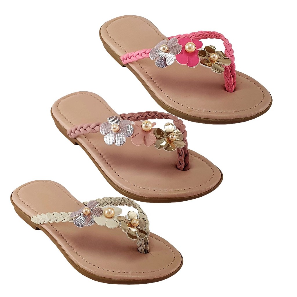 Sandália Rasteirinha Feminina Infantil Menina Chinelo Trança Trio Flores Perola Kids
