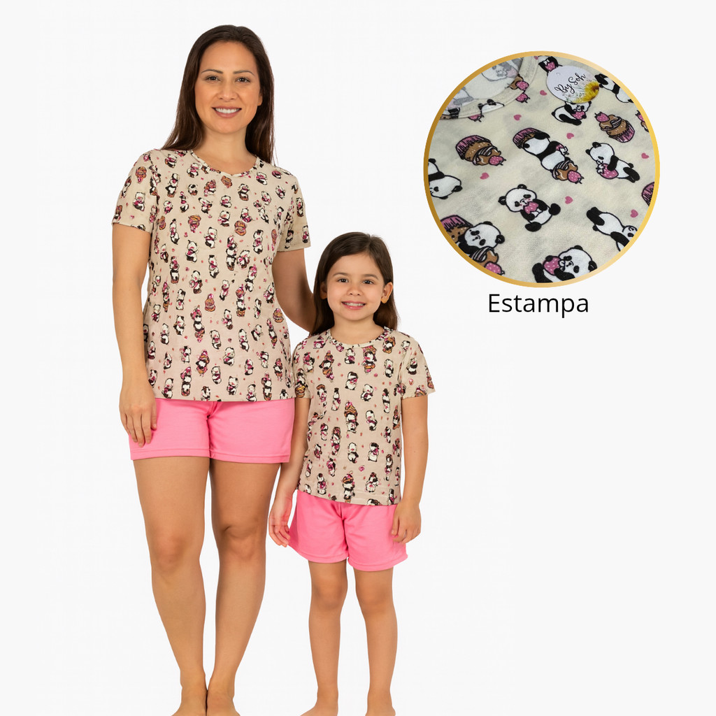 Pijama Mãe e Filha Kit Conjunto Verão Primavera Feminino Curto Adulto Infantil Estampado Camisa Regata e Short